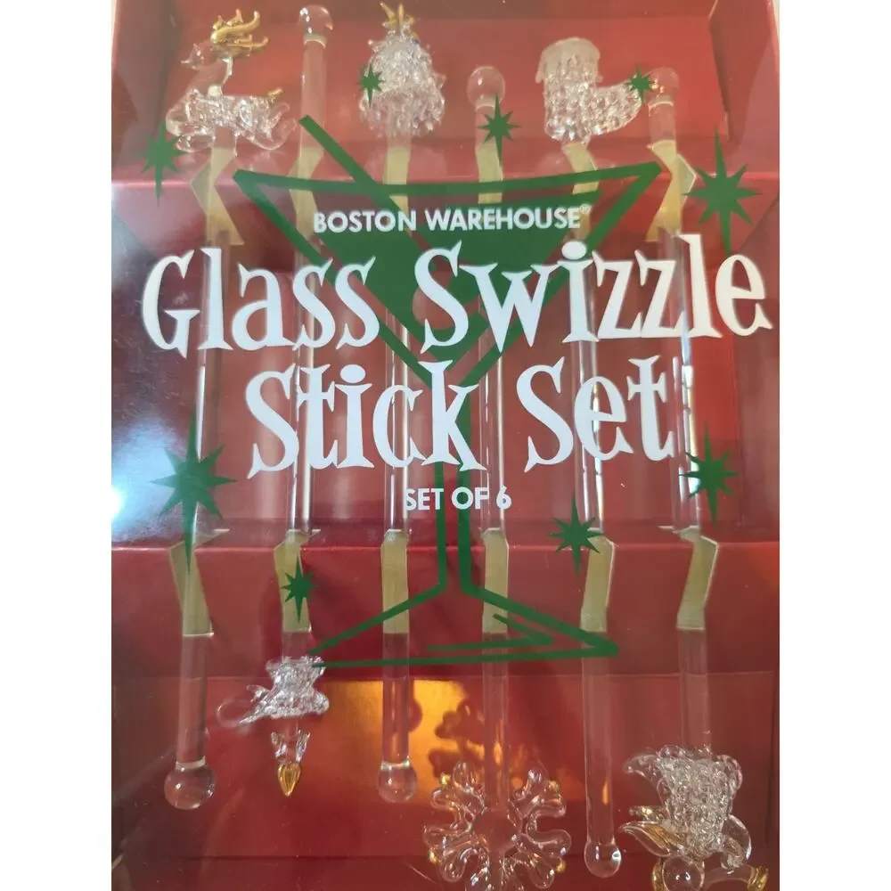 Boston Warehouse Glass Swizzle Stick Set Set Of 6 Christmas Tree Stocking...